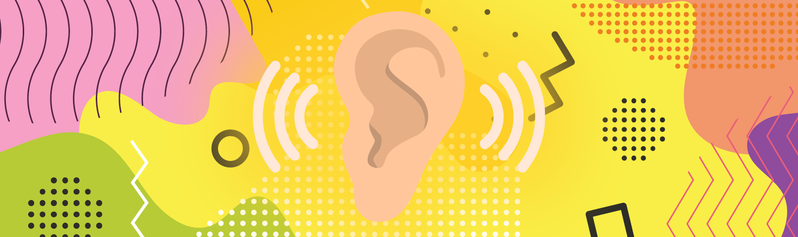 Illustration of an ear with graphics representing noise surrounding it