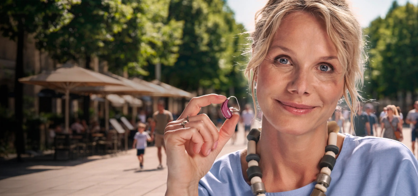 A woman smiles while holding up the Oticon Reveal hearing aid on a sunny, tree-lined street with outdoor seating